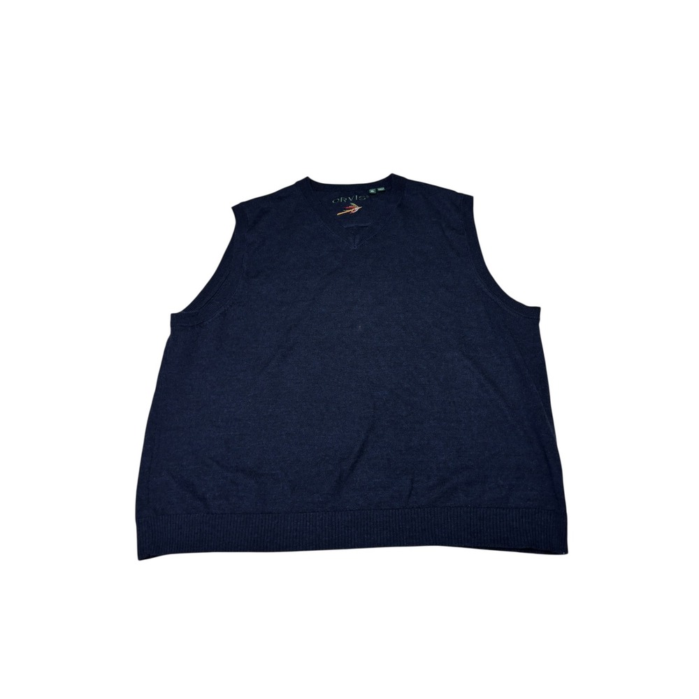 Orvis Mens XL Merino Wool V-Neck Sweater Vest Navy Blue Embroidered‎ Fly Logo